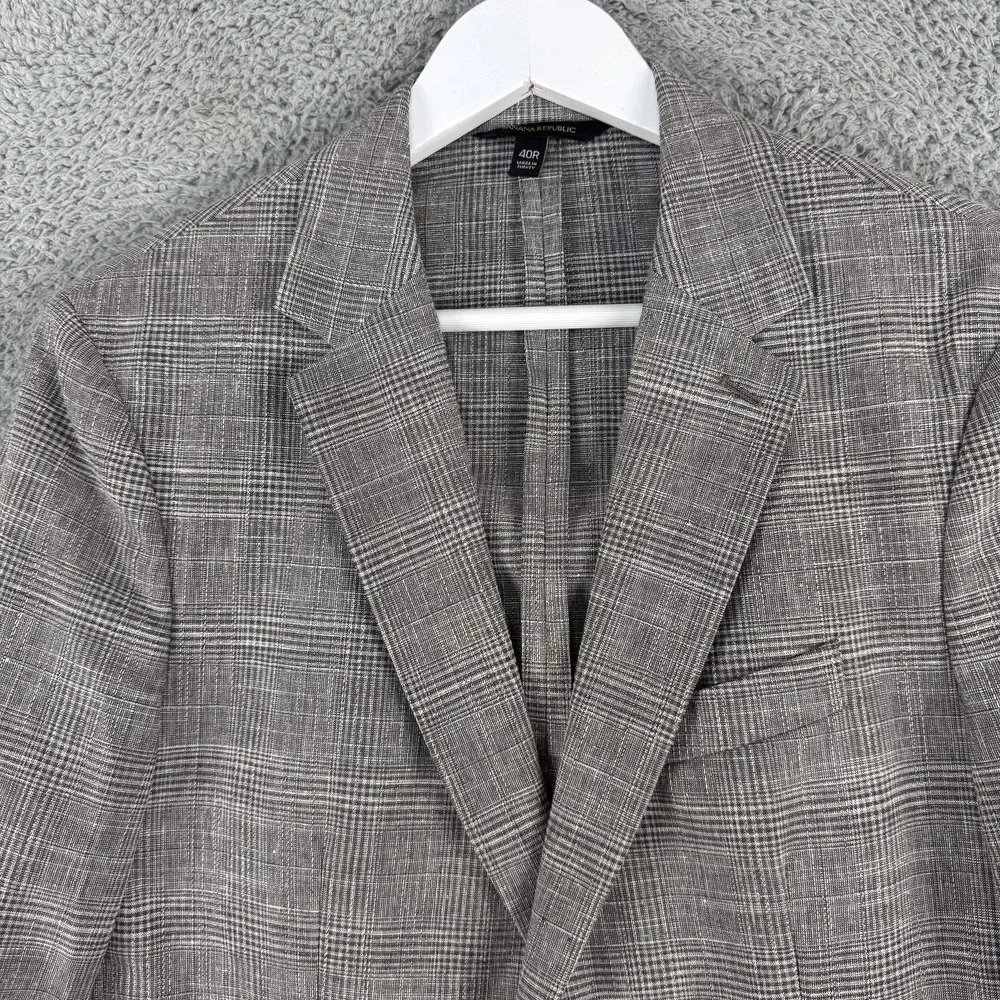 Banana Republic Blazer Mens 40R Gray Slim Fit Glen‎ Plaid Tollegno Italian Wool